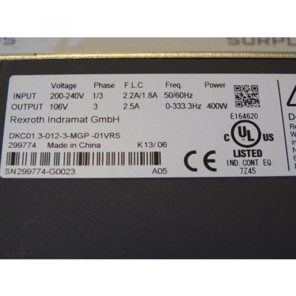 Rexroth DKC013-012-3-MGP-01VRS Indramat EcoDrive Cs 400W Motor Drive #9 image