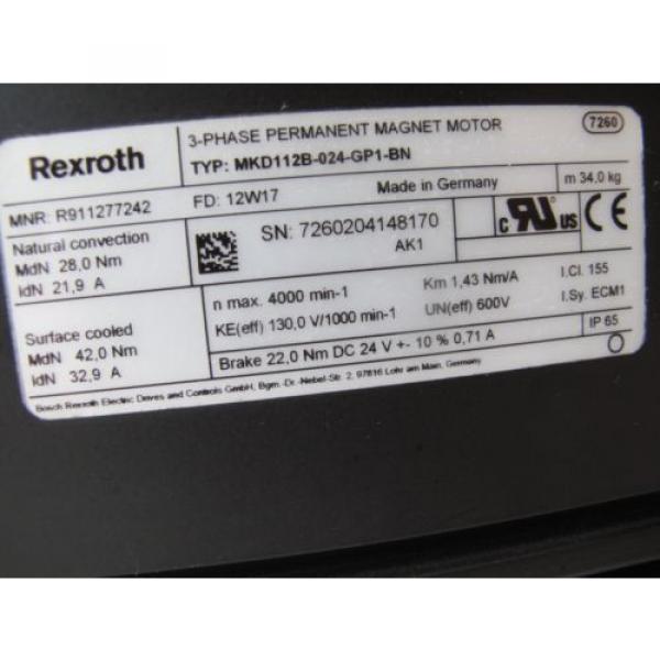 REXROTH MKD112B-024-GP1-BN PERMANENT MAGNET SERVO MOTOR, Origin #11 image