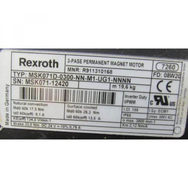 REXROTH MSK071D-0300-NN-M1-UG1-NNNN 3PH PERMANENT MAGNET MOTOR 600V 24VDC XLNT #2 image