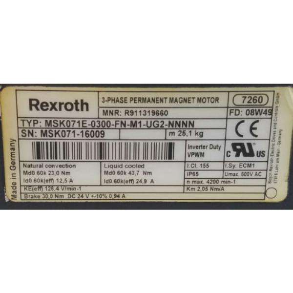 REXROTH SERVO MOTOR, MODEL MSK071E-0300-FN-M1-UG2-NNNN, 1 YEAR WARRANTY #2 image